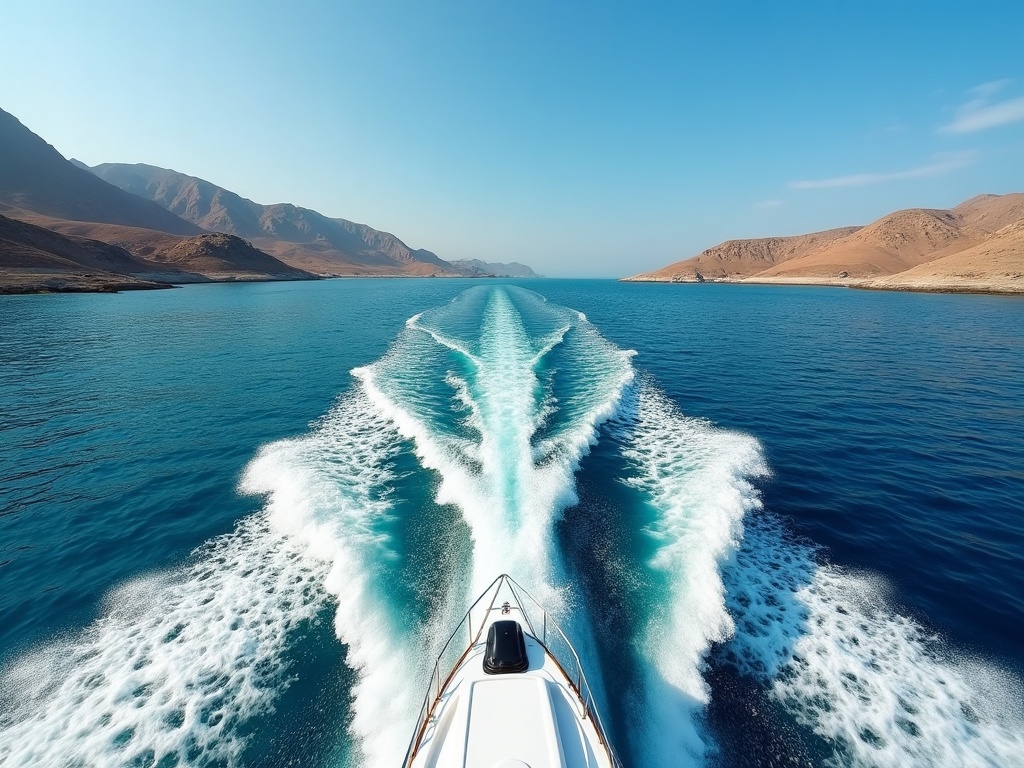 Speedboat wake crossing open water between savanna islands inside Komodo National Park