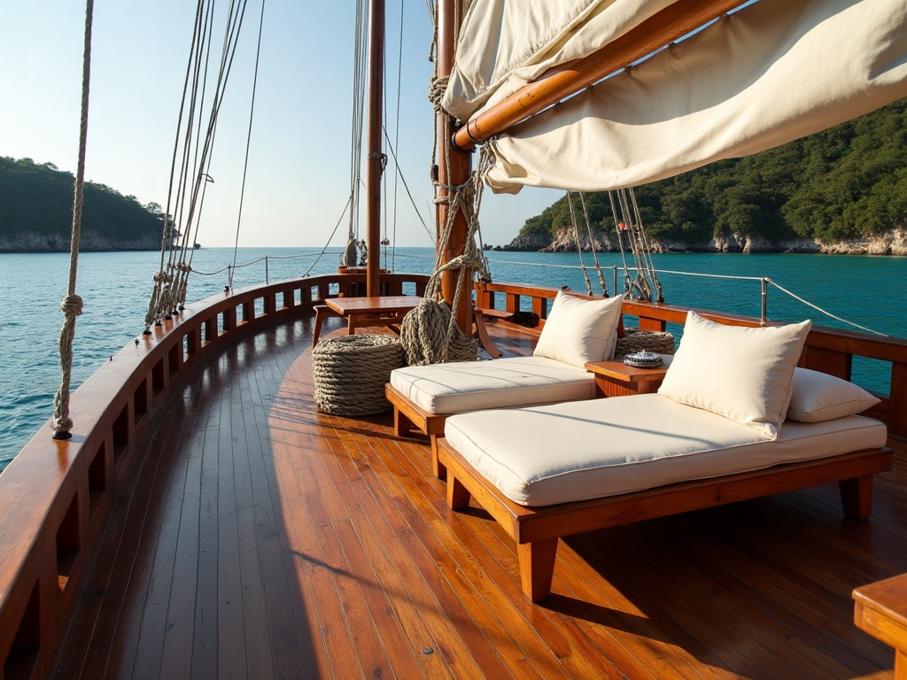 Timber deck of a phinisi charter yacht at anchor in a calm Komodo bay