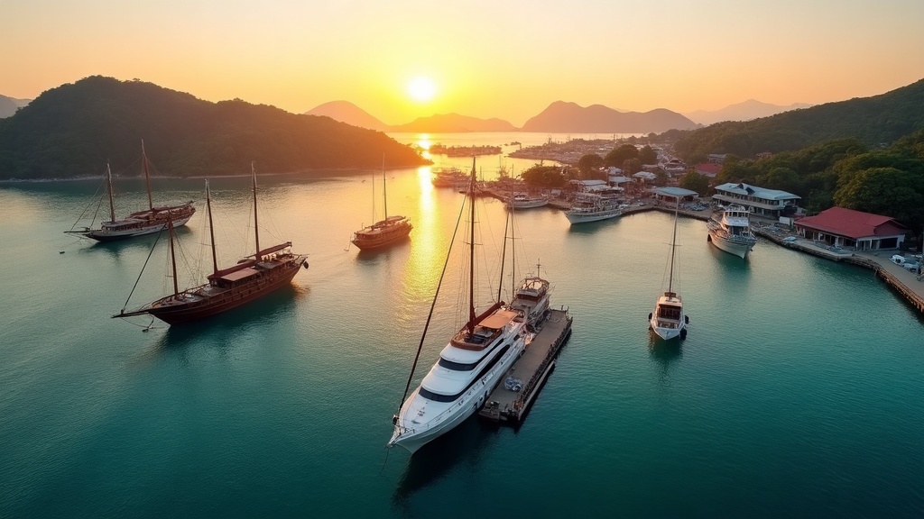 Sunrise aerial view of Labuan Bajo marina with speedboats and phinisi schooners moored before departure to Komodo National Park